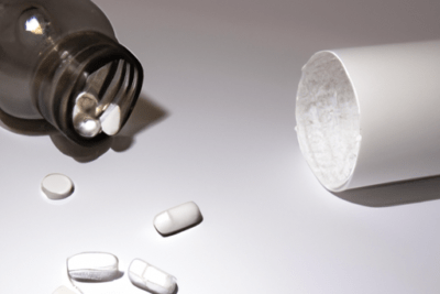 Frasco de vidrio y pastillas blancas derramadas que ilustran si un medicamento esta caducado se puede tomar todo lo que debes saber.