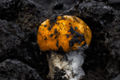 Hongo naranja parcialmente cubierto de tierra oscura que invita a cuestionar si un veneno esta caducado es mas venenoso o menos venenoso.