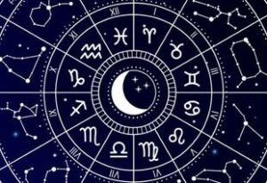 Ilustración de una rueda zodiacal con luna creciente y símbolos de los signos, diseño en azul estrellado, significado de aries en astrologia lo que debes saber 2