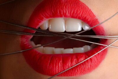 Primer plano de labios rojos y dientes blancos con cuerdas metálicas cruzadas, significado de sonar con caerse los dientes interpretacion y consejos 1