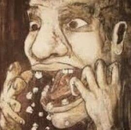 Dibujo en sepia de rostro angustiado con boca abierta y dientes que se caen, significado de sonar con dientes que se caen interpretacion y mas