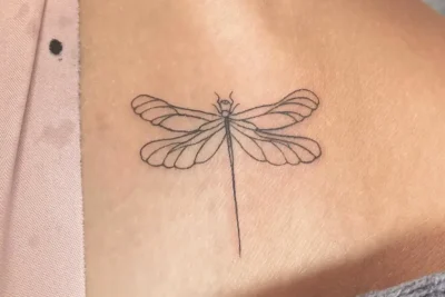 Tatuaje minimalista de libélula en líneas finas sobre la piel, recurso visual para significado de tatuaje de estrella fugaz guia completa