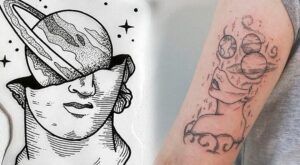 Tatuaje en el hombro y brazo con figura femenina, planetas y estrellas que sugiere significado de un tatuaje de estrella en el hombro que representa conexión cósmica.