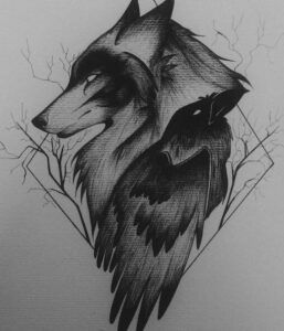 Dibujo monocromo de un lobo y un cuervo entrelazados que sugiere el significado de un tatuaje de lobo simbolismo y relevancia del diseno.
