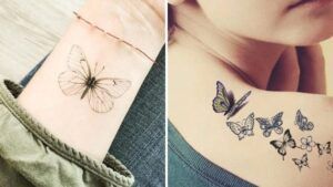 Dos tatuajes de mariposas en muñeca y clavícula con trazos finos y pequeños motivos a color, significado de un tatuaje de mariposa monarca guia completa