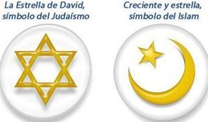 Significado del simbolo de la luna creciente explorando su simbolismo en un icono dorado de media luna y estrella junto a la Estrella de David