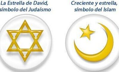 Significado del simbolo de la luna creciente explorando su simbolismo en un icono dorado de media luna y estrella junto a la Estrella de David