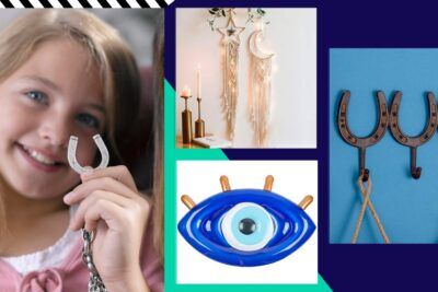 Collage con niña sosteniendo una herradura y amuletos que ilustra el significado del tatuaje de herradura origen suerte y proteccion.