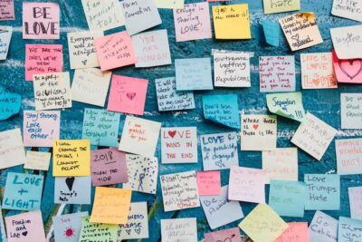 Muro de notas adhesivas manuscritas con mensajes de amor y apoyo, significado hello ingles traduccion guia completa