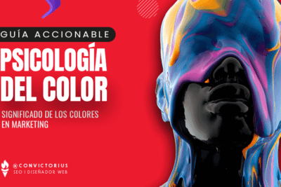 Composición gráfica con fondo rojo, texto 'Psicología del color' y una figura humana cubierta de pintura que ilustra el significado y caracteristicas del color azul marino oscuro 2