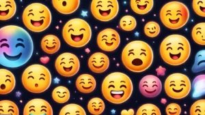 Patrón de emojis sonrientes y coloridos sobre fondo oscuro que representa el significado y sentido del emoji en el lenguaje digital