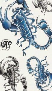 Hoja de flash con escorpiones estilizados en tonos azules y grises que ilustra el significado y simbolismo del tatuaje de escorpion en la mano.