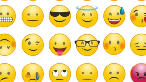 Cuadrícula de emoticonos amarillos con variadas expresiones, perfecta para significado y uso del emoji guia completa