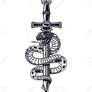 Ilustración en blanco y negro de una daga envuelta por una serpiente que muestra el simbolismo de un tatuaje de daga significado y caracteristicas.