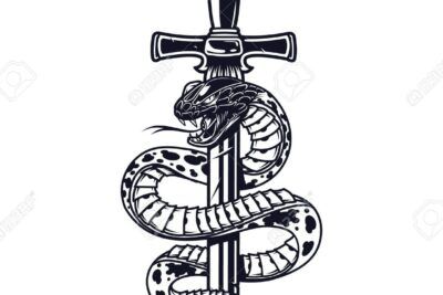 Ilustración en blanco y negro de una daga envuelta por una serpiente que muestra el simbolismo de un tatuaje de daga significado y caracteristicas.