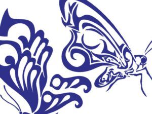 Ilustración tribal de mariposa azul que evoca el simbolismo del tatuaje de mariposa en la muneca.