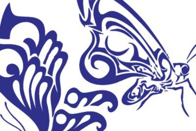 Ilustración tribal de mariposa azul que evoca el simbolismo del tatuaje de mariposa en la muneca.