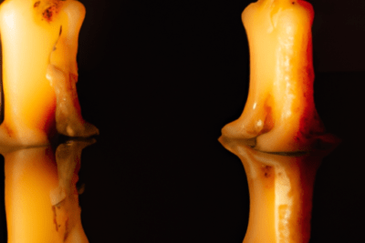 Dos velas amarillas derretidas con formas humanoides reflejadas sobre una superficie negra, sintomas de que el diu esta caducado cuando debes preocuparte