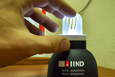 Mano tocando un dispositivo luminoso con base negra y letras IND sobre una mesa, smartbox como saber si ha caducado