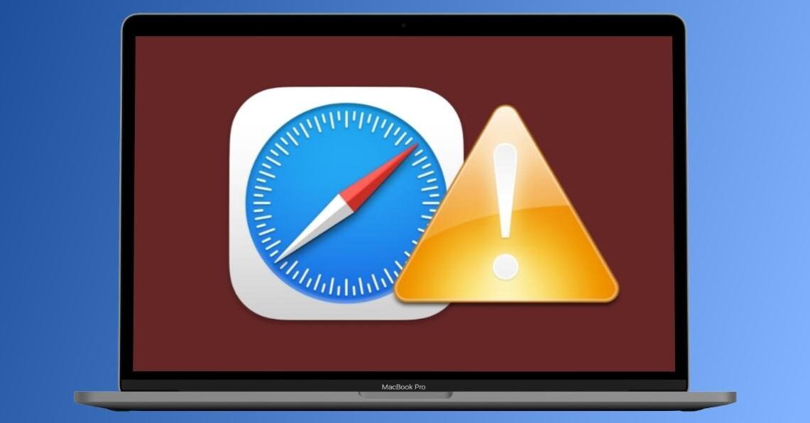 MacBook con icono de Safari y triángulo de advertencia, solucion efectiva para cuando word no responde en mac y no pierdas tus datos