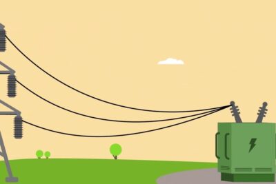 Ilustración de torre de transmisión, líneas de alta tensión y transformador que representa suministro electrico 1.