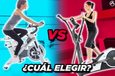 Comparación visual de una mujer en bicicleta de spinning frente a otra en elíptica con fondo dividido