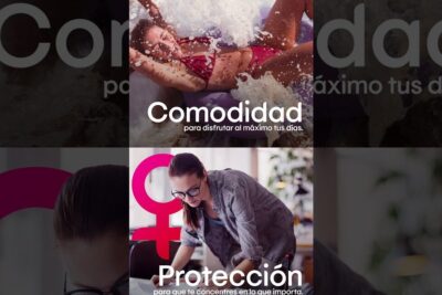 Banner promocional con mujer mostrando comodidad y protección femenina junto a símbolo femenino que sugiere tampon noche