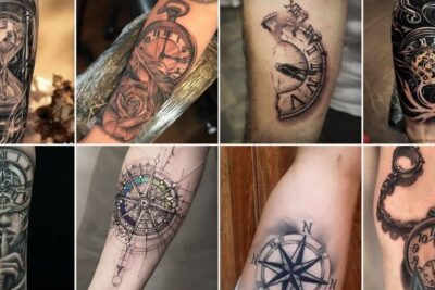 Collage de diseños de tatuaje reloj con reloj de bolsillo, reloj de arena, compás y engranajes.