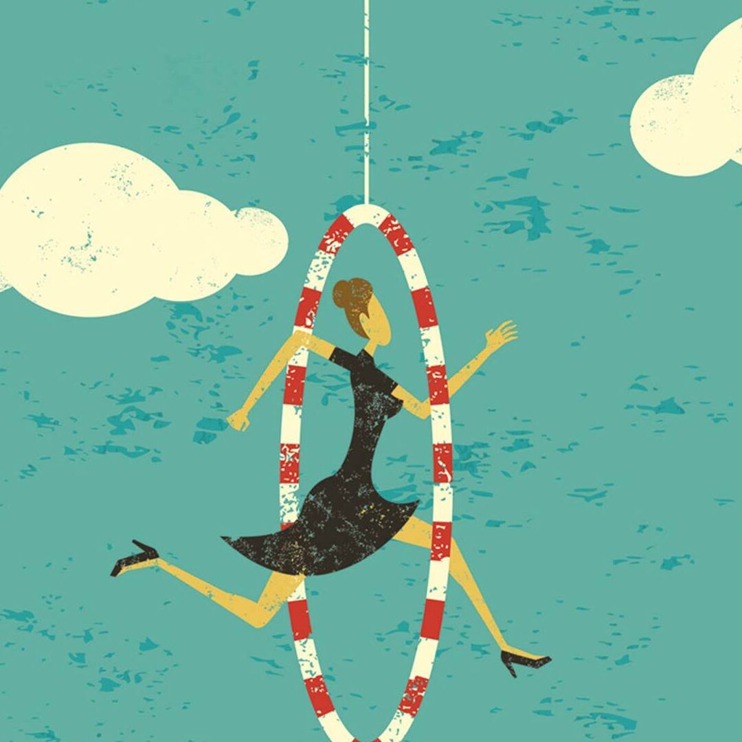 Ilustración de mujer con vestido negro y moño saltando por un aro rojo y blanco colgante entre nubes sobre fondo turquesa, te atreves a dormir frente a un espejo descubre que puede suceder