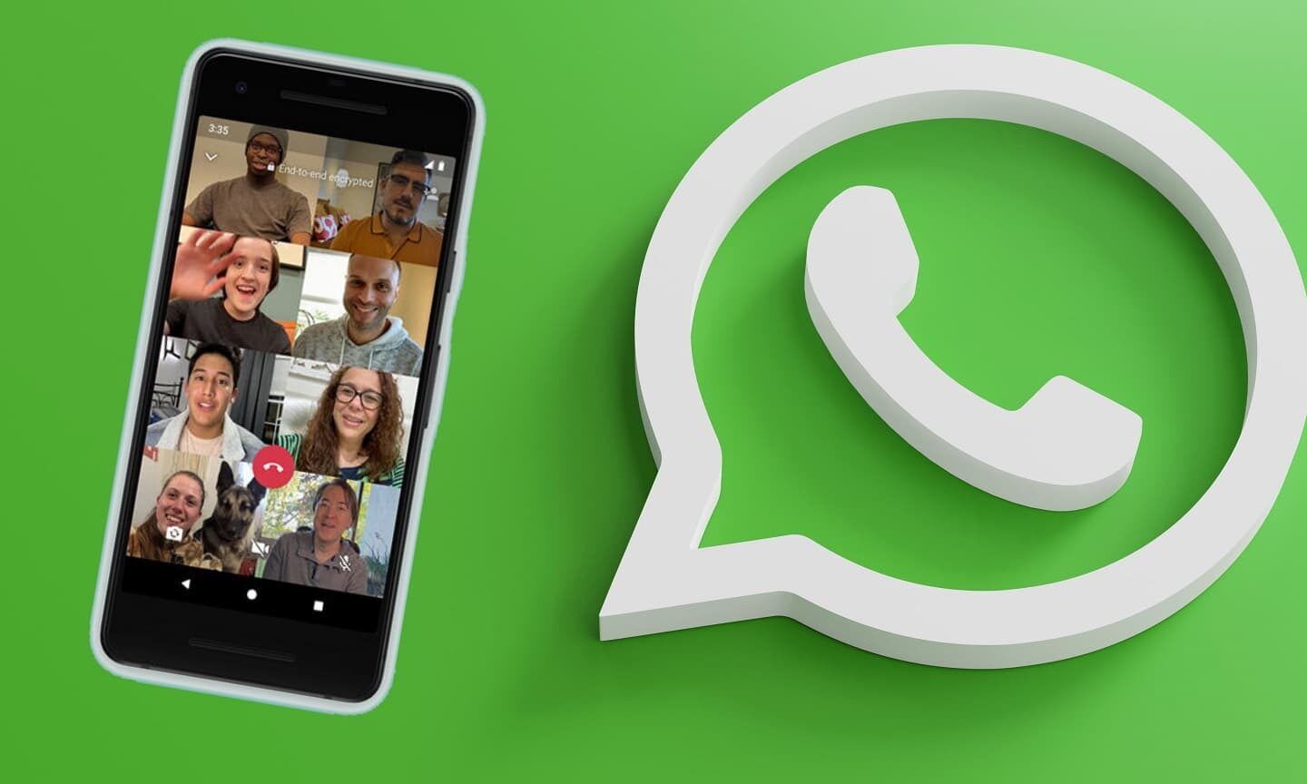 Pantalla de móvil mostrando una videollamada grupal junto al logo de WhatsApp en fondo verde, te cobra vodafone de mas aprende que hacer en 5 pasos 1