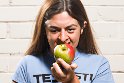 Mujer joven mordiendo una manzana bicolor mientras sostiene la fruta, test prueba