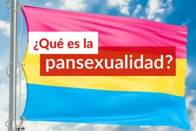 Bandera con franjas rosa, amarilla y azul y texto informativo sobre todo lo que debe saber sobre que significa pansexual.