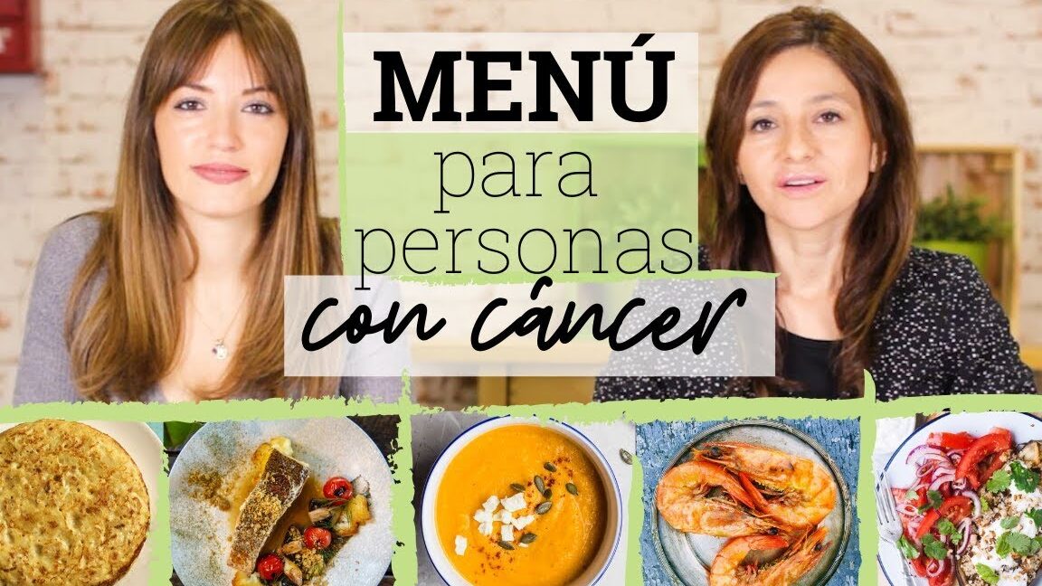 Dos presentadoras frente a un cartel 'MENÚ para personas con cáncer' y varios platos, incluyendo gambas, ilustrando todo lo que debes saber sobre que comen las gambas alimentacion dieta y habitos alimenticios.