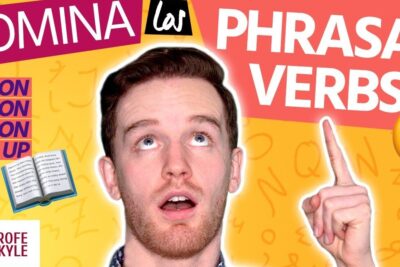 Miniatura colorida con un joven señalando y texto de phrasal verbs, lista de ejemplos y elementos visuales que sugieren todo lo que necesitas saber sobre el significado de about en ingles