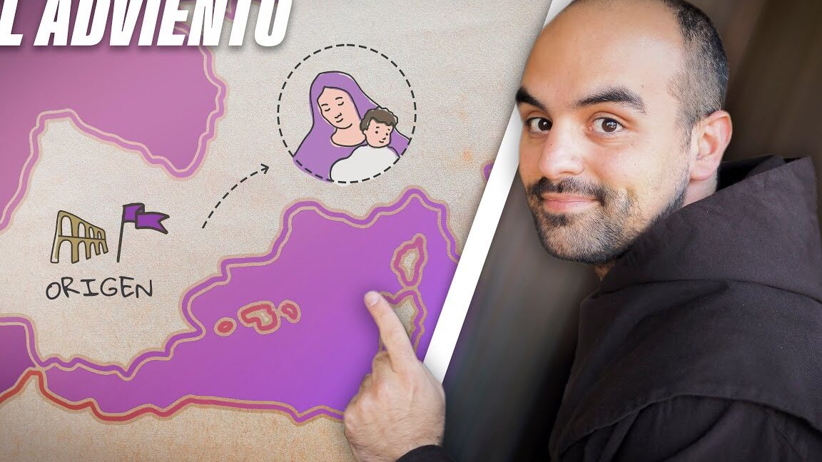 Persona con hábito religioso señalando un mapa ilustrado que muestra origen y símbolos, todo lo que necesitas saber sobre el significado del adviento
