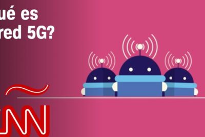 Infografía en fondo rosa con robots y antenas que ilustra todo lo que necesitas saber sobre que significa 5g en celulares