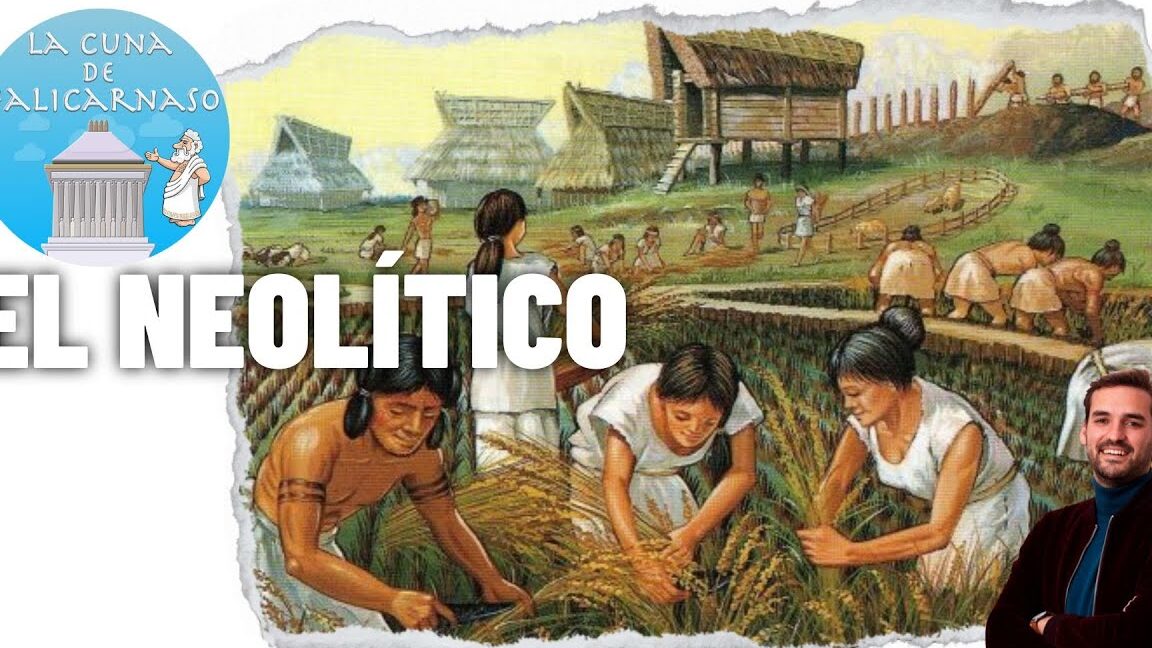 Ilustración de cosecha y aldeas neolíticas que explica todo lo que necesitas saber sobre que significa neolitico.
