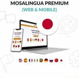 Interfaz de MosaLingua Premium en laptop y móvil con banderas internacionales y el icono de Japón, traduccion de konnichiwa al japones cual es y como se dice