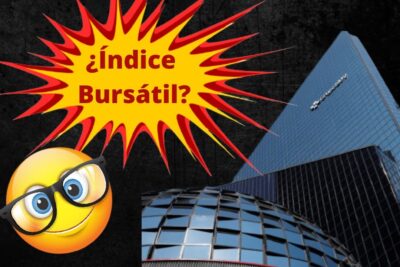 UIJJWOv9qcM muestra el texto ¿índice Bursátil? en una explosión gráfica sobre edificios financieros reflectantes y un emoji con gafas