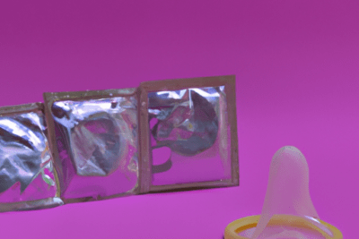 Un condon caducado sirve la importancia de la fecha de caducidad en los condones, varios envoltorios metálicos alineados y un preservativo amarillo desenrollado sobre fondo rosa