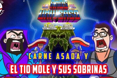 Cartel colorido con dos personajes caricaturescos, un monstruo central y texto promocional que menciona universo el