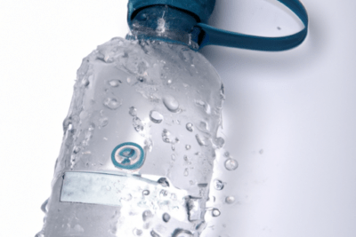 Botella de plástico transparente con gotas de agua y tapa azul, usar agua oxigenada caducada es seguro o peligroso