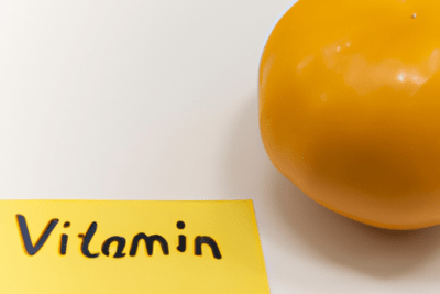 Nota con la palabra 'vitamin' junto a una naranja que evoca la pregunta vitamina c caducada es segura o debe ser evitada.