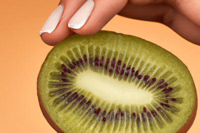 Mano con uñas blancas sosteniendo medio kiwi abierto mostrando pulpa y semillas, vitamina e caducada en la piel es segura su utilizacion