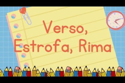 Cartel con texto 'Verso, Estrofa, Rima' sobre papel amarillo, fondo cuadriculado y lápices coloreados
