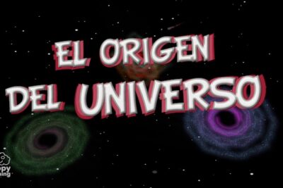 Cartel ilustrado con el texto “El origen del universo”, fondo estrellado, tres remolinos galácticos y logo Happy Learning yg A80TMhaM