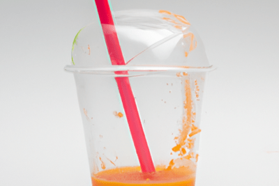 Vaso plástico con restos de zumo de naranja y pajita roja, zumo de naranja caducado es seguro consumirlo